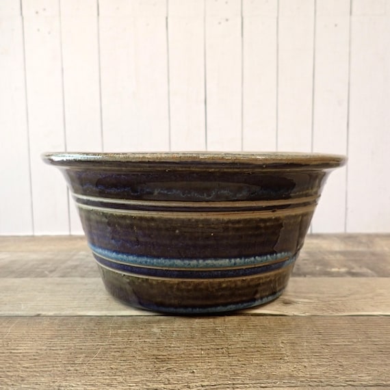 Vintage Lakeside Pottery Stoneware Planter Green and Blue Drip Glaze with Banded Design Hand Made Pottery Madison WI