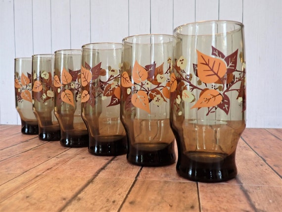 Vintage Brown Tawney Tumbler Set of 6 with Peach Purple Pink Leaf and White Flower Cherry Blossom Dogwood Design