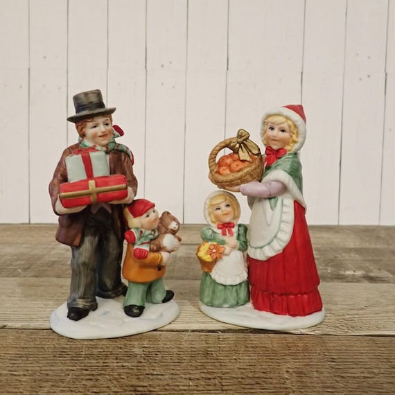 Vintage Christmas Victorian Family Figurines Set of 2 Man with Boy and Woman with Girl