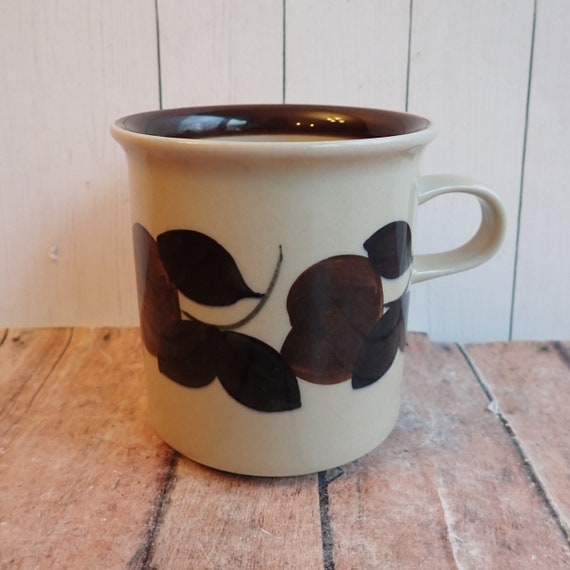 Vintage Arabia Finland RUIJA Flat Cup Mug Tan Stoneware with Brown and Black Flower and Leaf Design