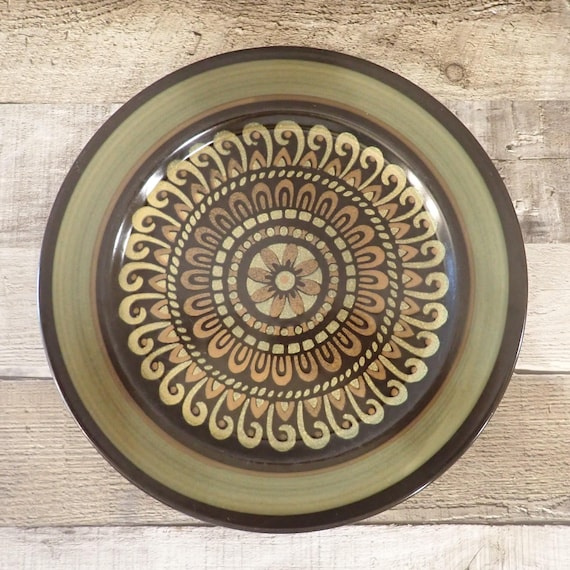 Vintage Mikasa Majorca TERRAZO 10" Dinner Plate Set of 2 Brown Green Tan Floral Medallion Design Mid Century Modern