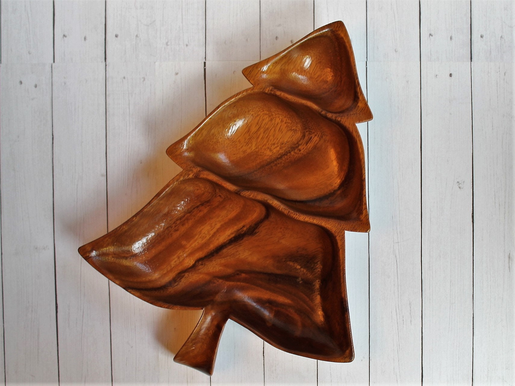 Vintage Wood Christmas Tree Shaped Cookie Plate Snack Appetizer Serving