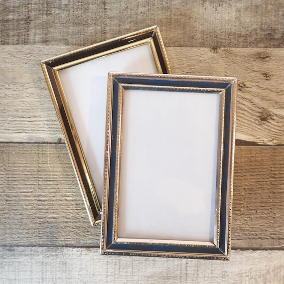 Vintage 3x5 Metal Gold Brass Colored Photo Picture Frame Set of 2 Frames with Blue and Brown Lines 3" x 5"