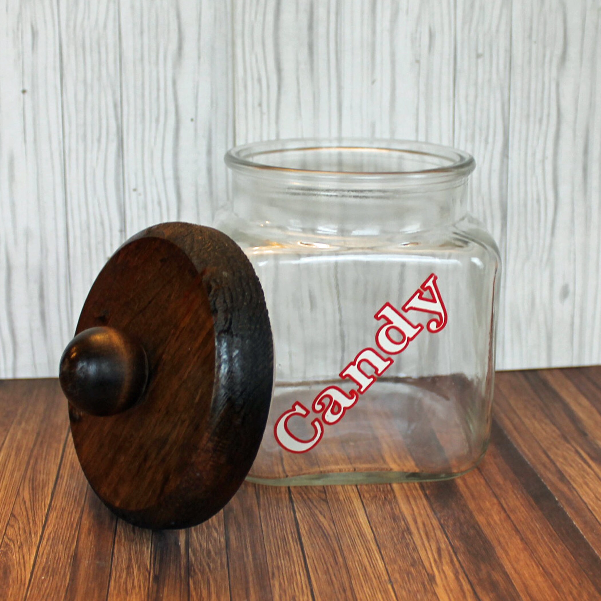 Vintage Anchor Hocking Clear Glass Apothecary Style Candy Jar Canister with Wooden Lid