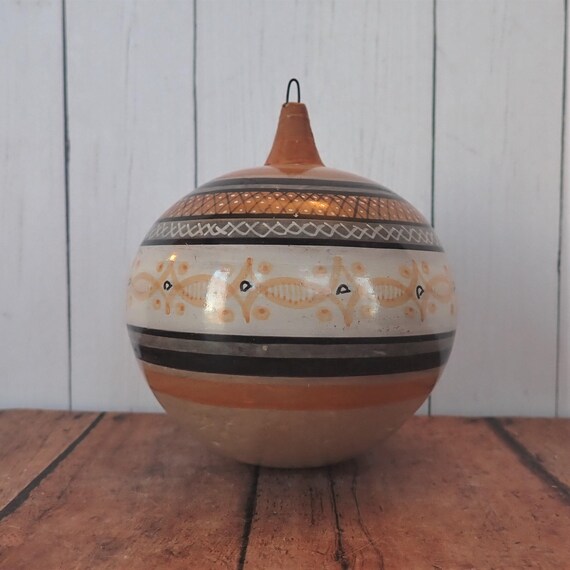 Vintage Florentino Jimon Barba Burnished Tonala Pottery Ball Ornament Signed Mexican Pottery Christmas Ornament
