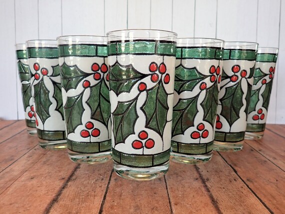 Vintage Stained Glass Style Christmas Tumblers Set of 7 with Green Holly and Red Berry Design