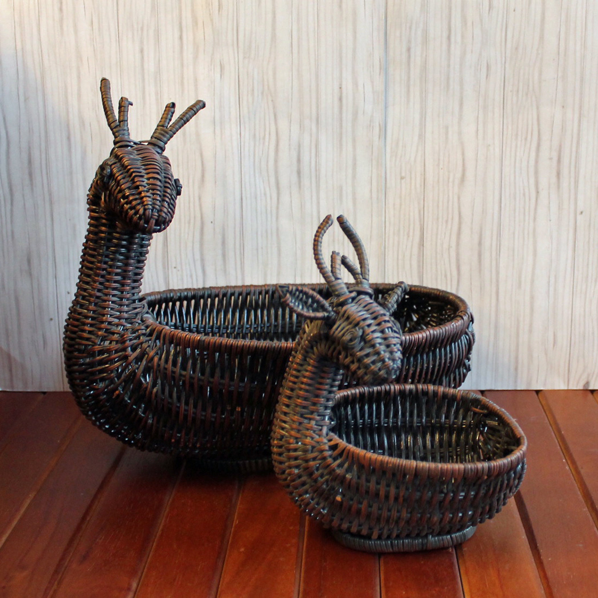 Vintage Brown Woven Wicker Deer Baskets Set of 2 Large and Small Animal