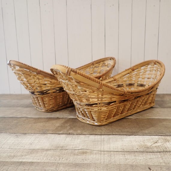 Vintage Woven Wicker Bowl Basket Set of 2 Oval Baskets Boho Decor