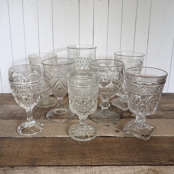 Vintage Mismatched Clear Glass Goblets Wine Glasses Set of 8 Mix and Match Set