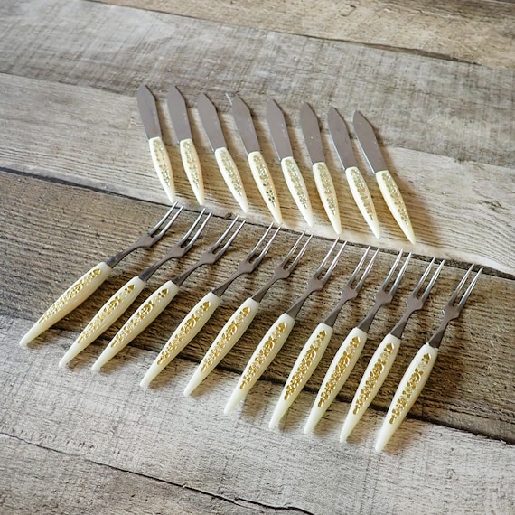 Vintage Cocktail Appetizer Fork and Knife with Melamine Handle Set of 18 Small Forks and Knives