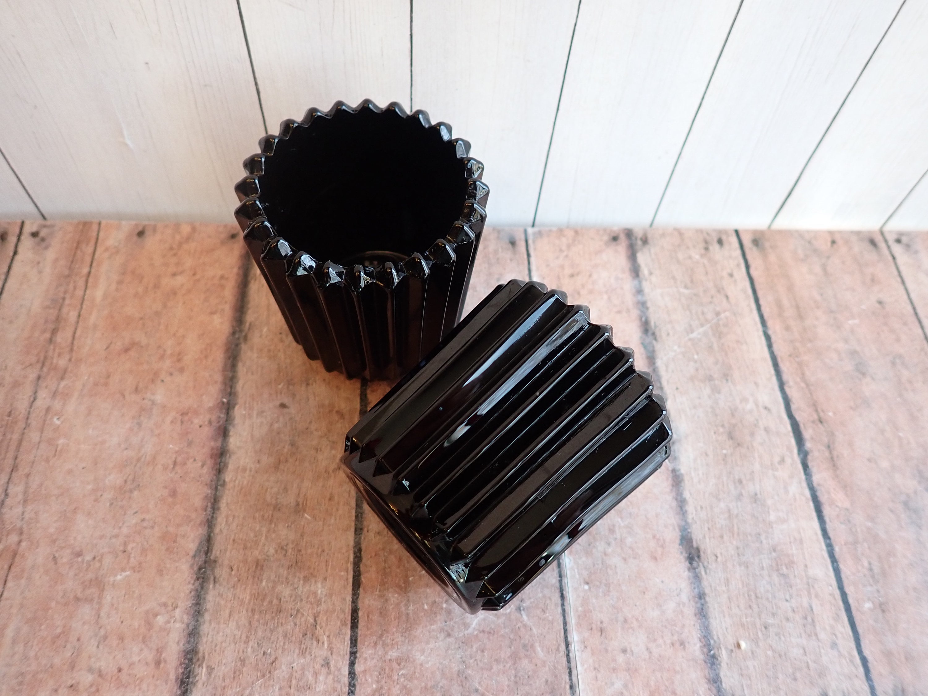 Vintage Black Glass Votive or Tealight Candle Holder Set of 2 Vertical