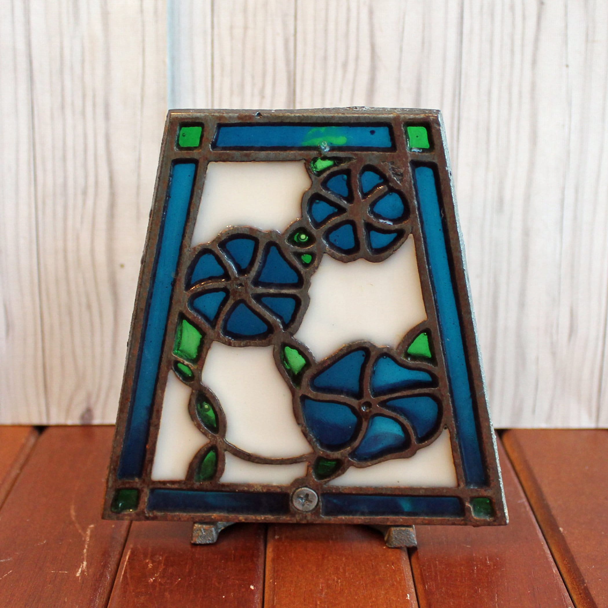 Vintage Stained Glass Candle Holder Set of 2 Suncatcher Red Rose Blue