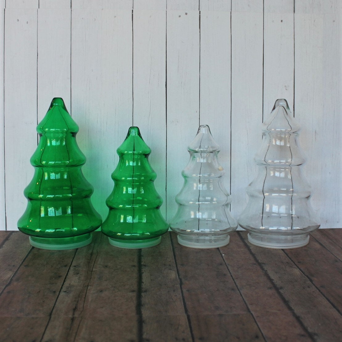 Vintage Clear and Green Glass Christmas Tree Canister Jar Container