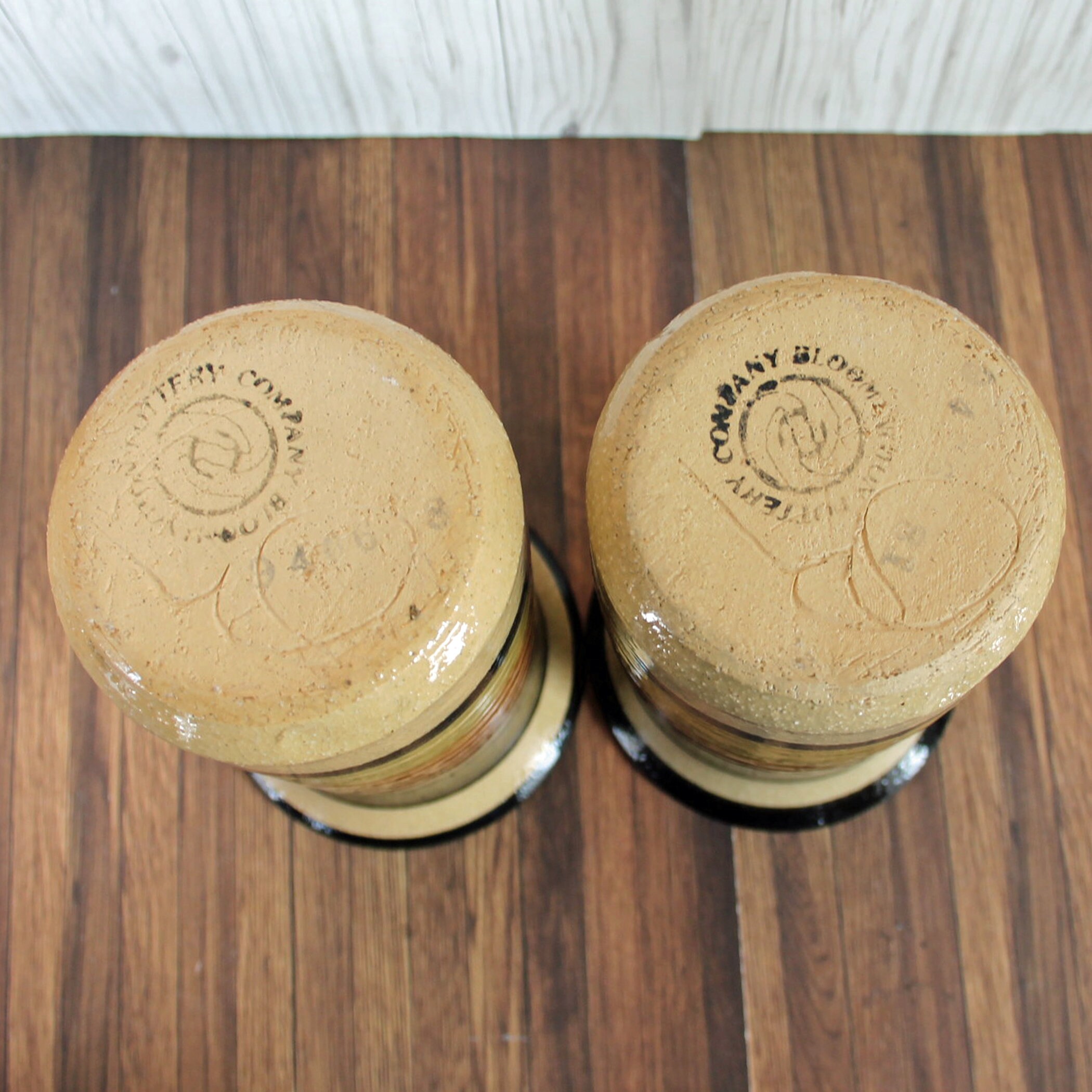 Vintage BLOOMINGTON POTTERY Vase Set of 2 Matching Vases Tan Yellow Red