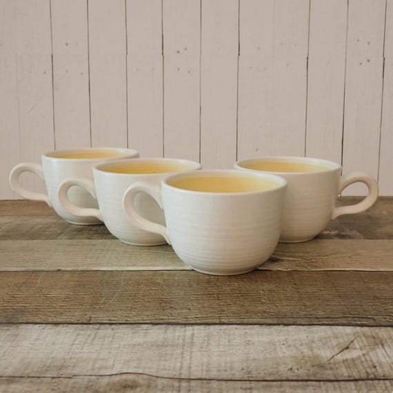 Vintage Franciscan HACIENDA GOLD Ceramic Cup Set of 4 White and Yellow with Ribbed Banded Design