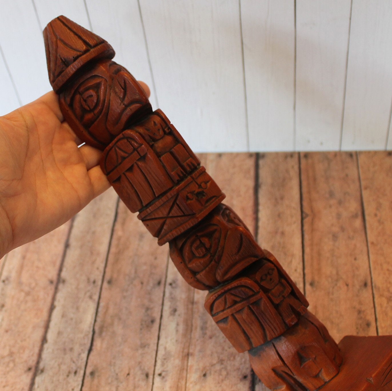 Vintage Faux Carved Wood Plastic Raven Totem Pole Figurine