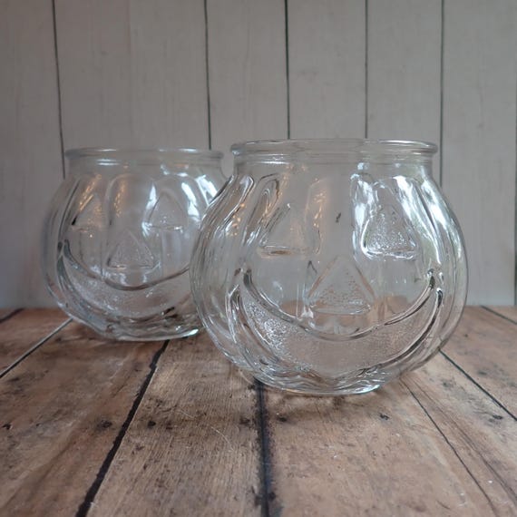 Vintage Clear Glass Pumpkin Jack O' Lantern Tealight or Votive Candle Holder Set of 2