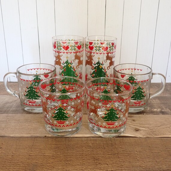 Vintage CHD Glass Christmas Tumbler Old Fashioned and Mug Set of 6 Mugs Holiday Drinkware Cross Stitch Christmas Trees and Hearts Winter Mug