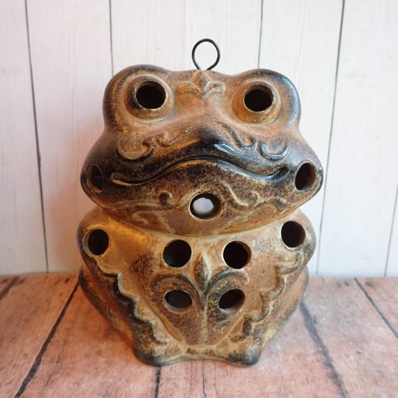 Vintage Stoneware Frog Tealight Votive Candle Holder Luminary Lantern Brown Ceramic Frog Figurine Candleholder Mid Century Modern