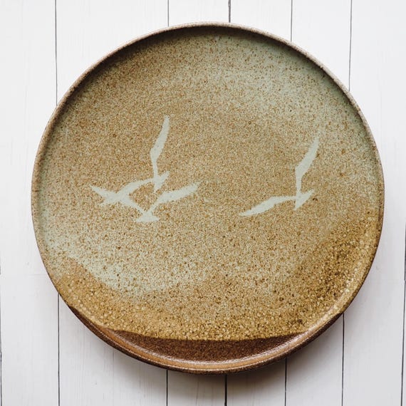 Vintage Ron Slagle Pottery Stoneware Plate Tan Beige with Bird Seagull Design