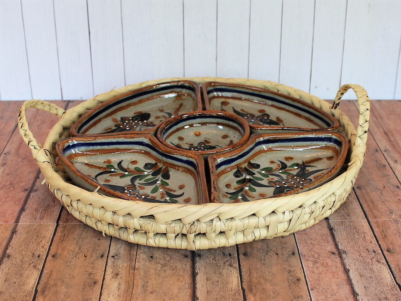 Vintage Mexican Pottery Tonala Divided Tray 5 Part Appetizer Chip Dip