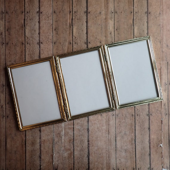 Vintage Brass Bronze Metal Triple Hinged 5x7 Three Part Photo Picture Frame Tri-Fold 5" x 7" Size