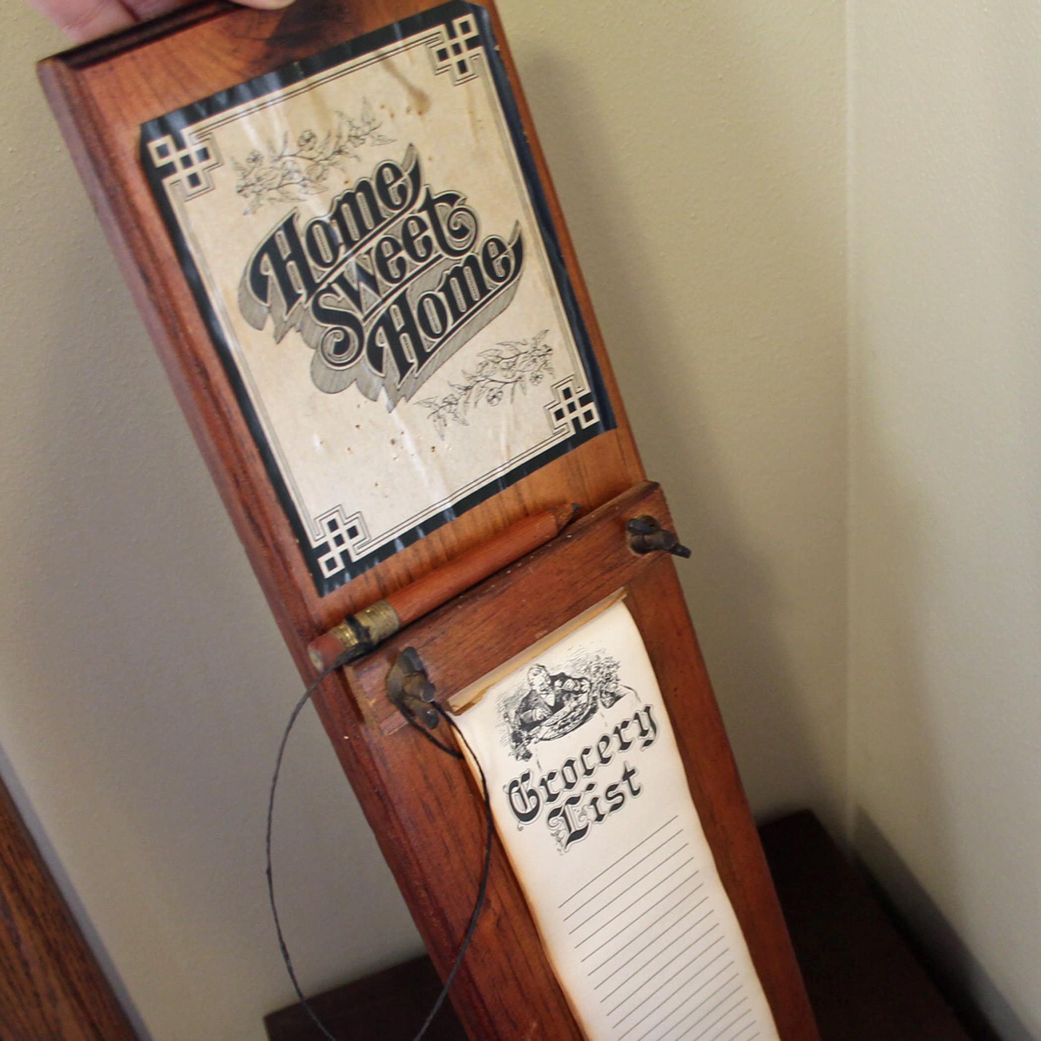 Vintage Wooden Grocery List or To Do List Holder Wall Mounted Memo