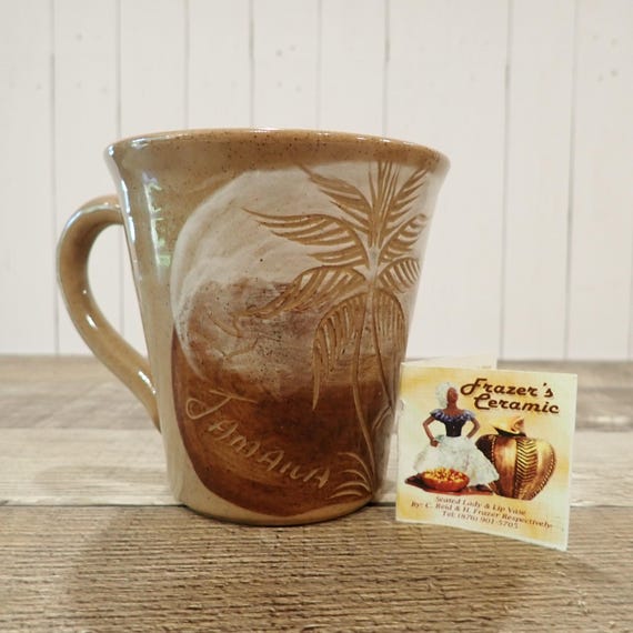 Vintage Frazers Ceramics Pottery Jamaica Mug Tan and Brown with Etched Palm Tree Design