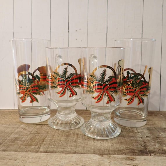 Vintage Culver Yule Horn Highball Tumbler Glass and Mug Set of 4 Glasses Clear with Gold Horn and Red and Green Plaid Ribbon
