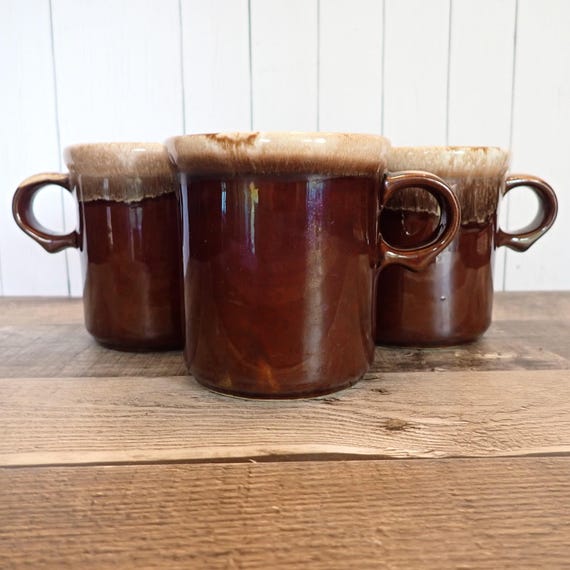 Vintage Nelson McCoy Brown Drip Mug Set of 3 Mugs Coffee Cups Ring Handle Style 1412