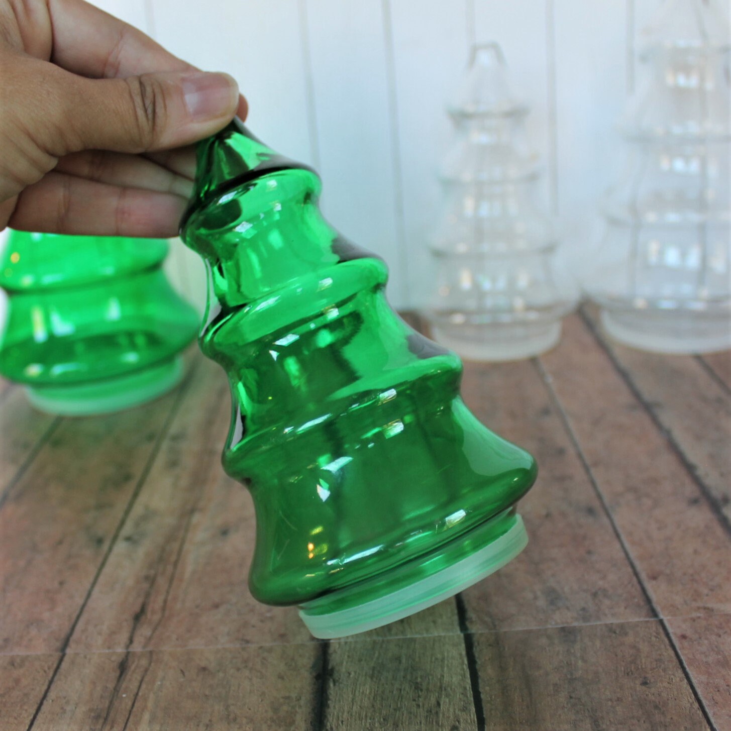 Vintage Clear and Green Glass Christmas Tree Canister Jar Container