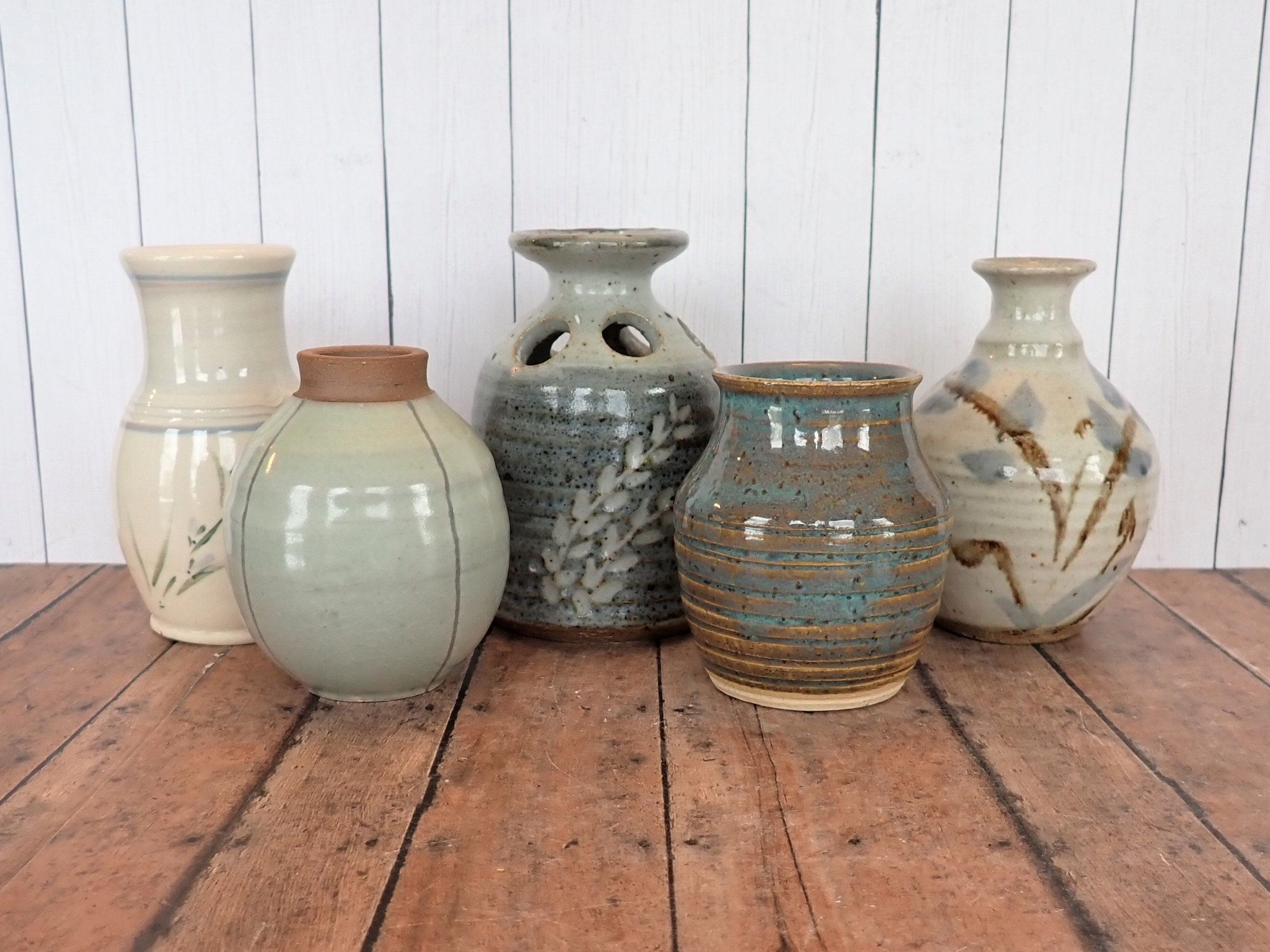 Vintage Mismatched Stoneware Bud Vase Set of 5 Handmade Pottery White