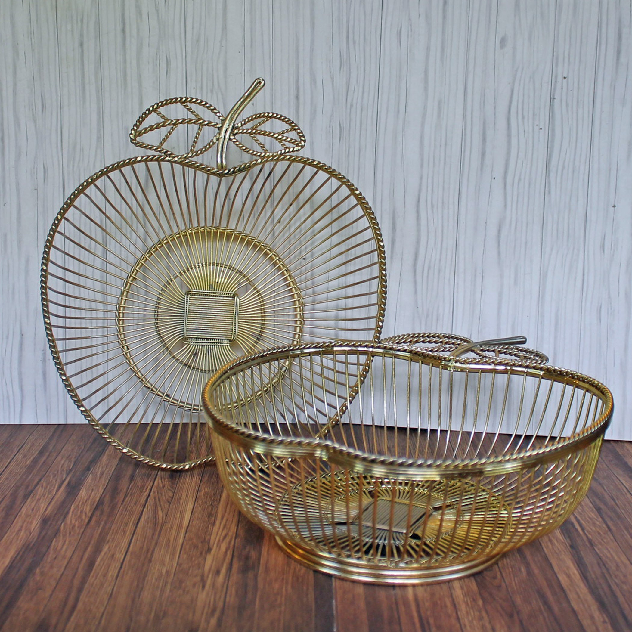 Vintage Gold Metal Wire Apple Basket Bowls Set of 2 Apple Shaped Fruit