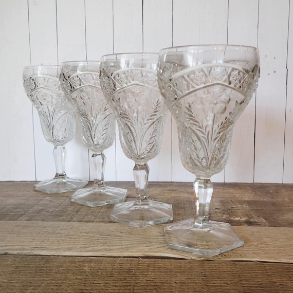 Vintage Colony Indiana Glass GAELIC Clear Glass Water Goblet Set of 4 Goblets with Floral and Star Design