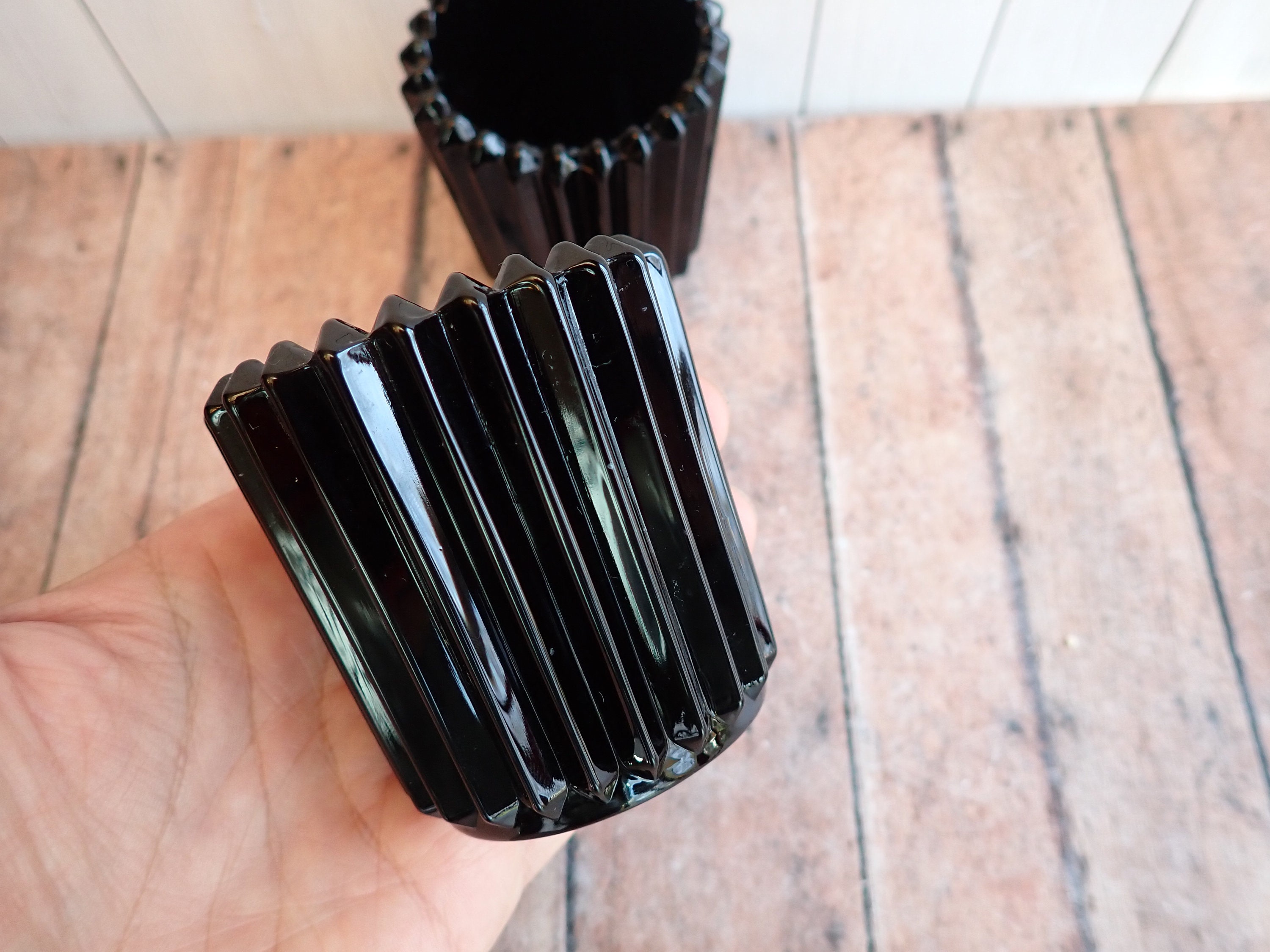 Vintage Black Glass Votive or Tealight Candle Holder Set of 2 Vertical