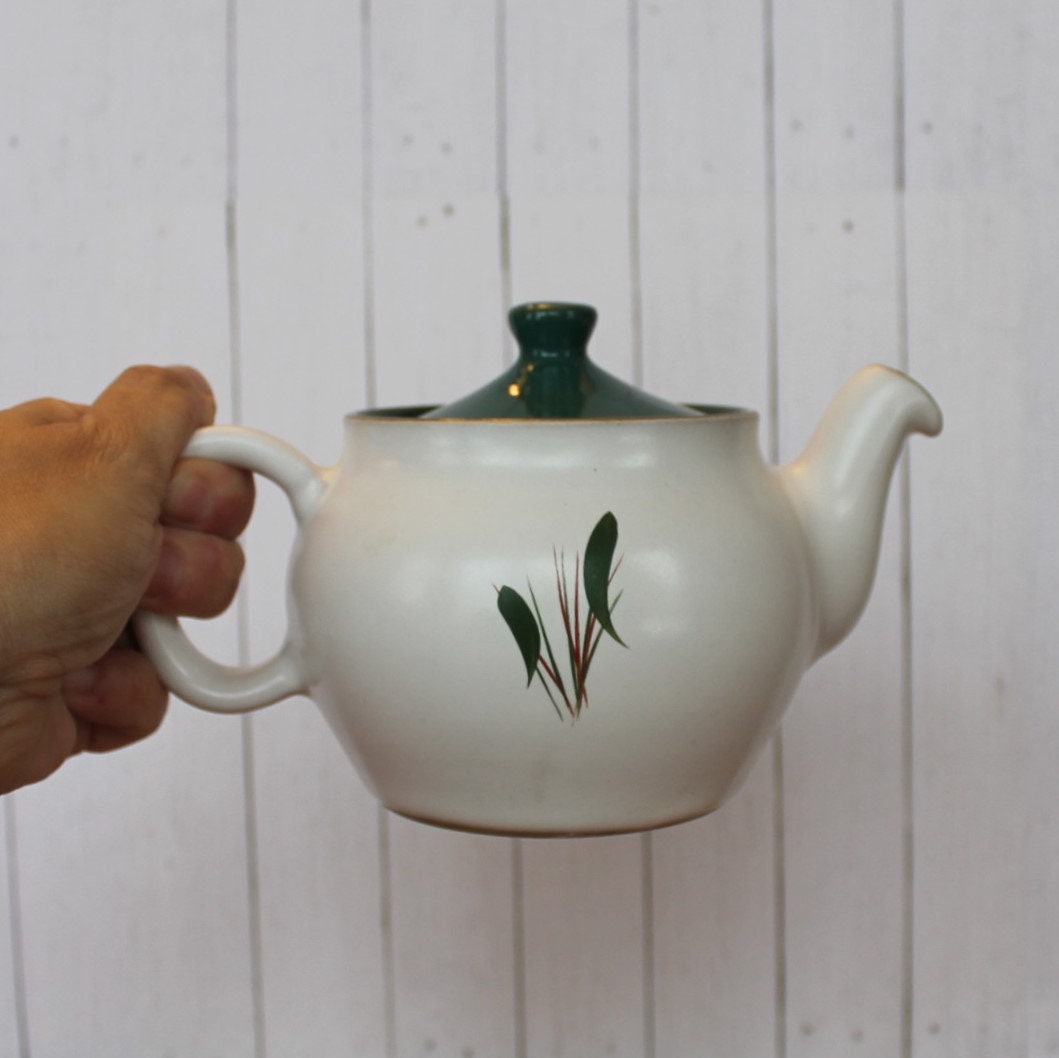 Vintage Denby GREENWHEAT Teapot with Hand Painted Leaf Design Signed