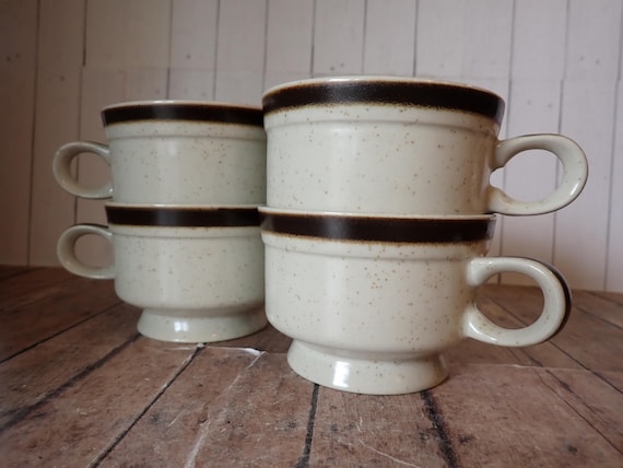 Vintage Premiere Jeweltones Stoneware Footed Cup Set of 4 Cream with Brown Band P2000 Stacking Cups Mugs