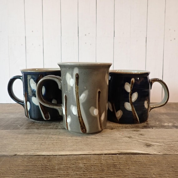 RESERVED Vintage Otagiri Pussywillow Mug Coffee Cup Set of 3  Blue and Gray Stoneware Brown Branch Pussy Willow