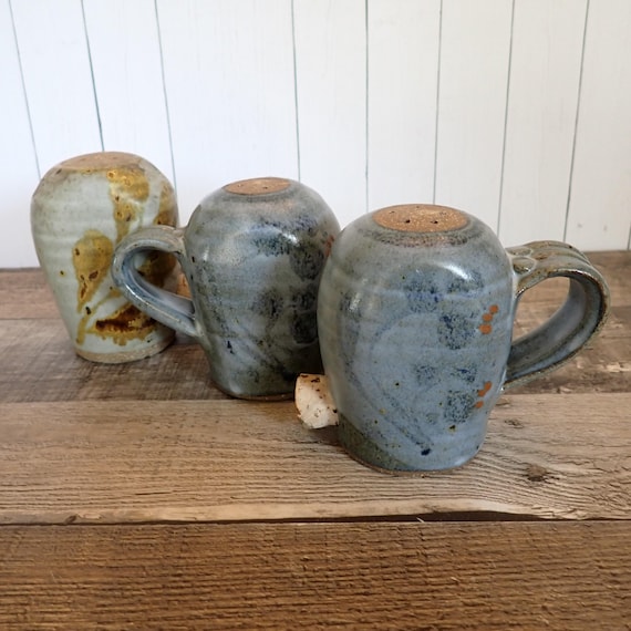 Vintage Peggy Ahlgren Wilson Creek Pottery Salt and Pepper Shaker Set of 3 Blue with Floral and Leaf Design Hand Made Studio Pottery