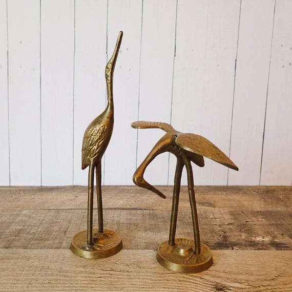 Vintage Small Brass Crane Heron Bird Figurine Set of 2 Statue Pair of Birds