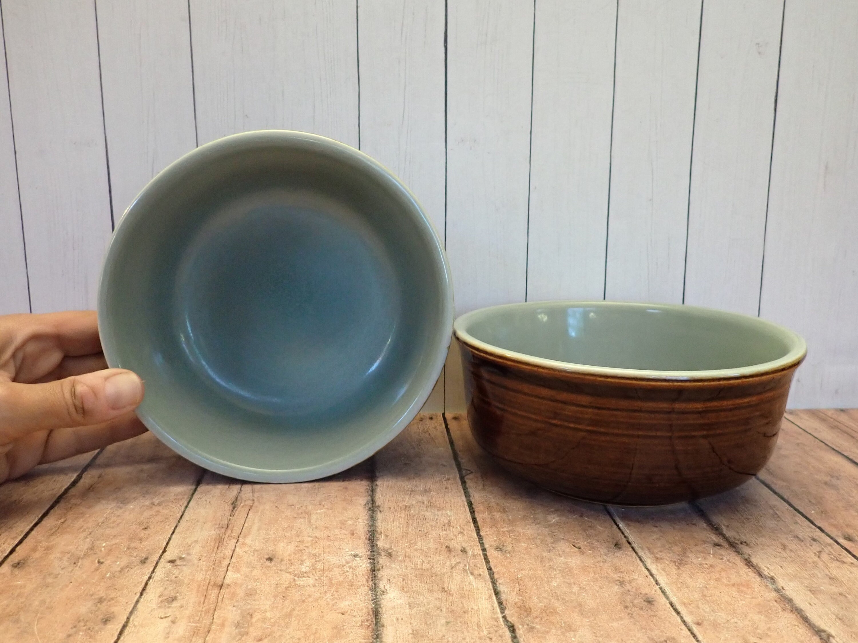 Vintage Red Wing VILLAGE GREEN Coupe Cereal Bowl Set of 2 Green and Brown Stoneware Country Fare