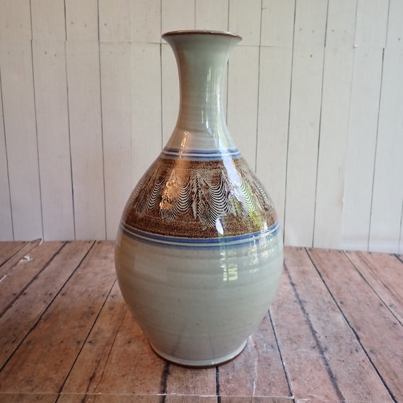 Vintage DENEEN POTTERY Stoneware Vase Gray White with Brown and Blue wavy Lines