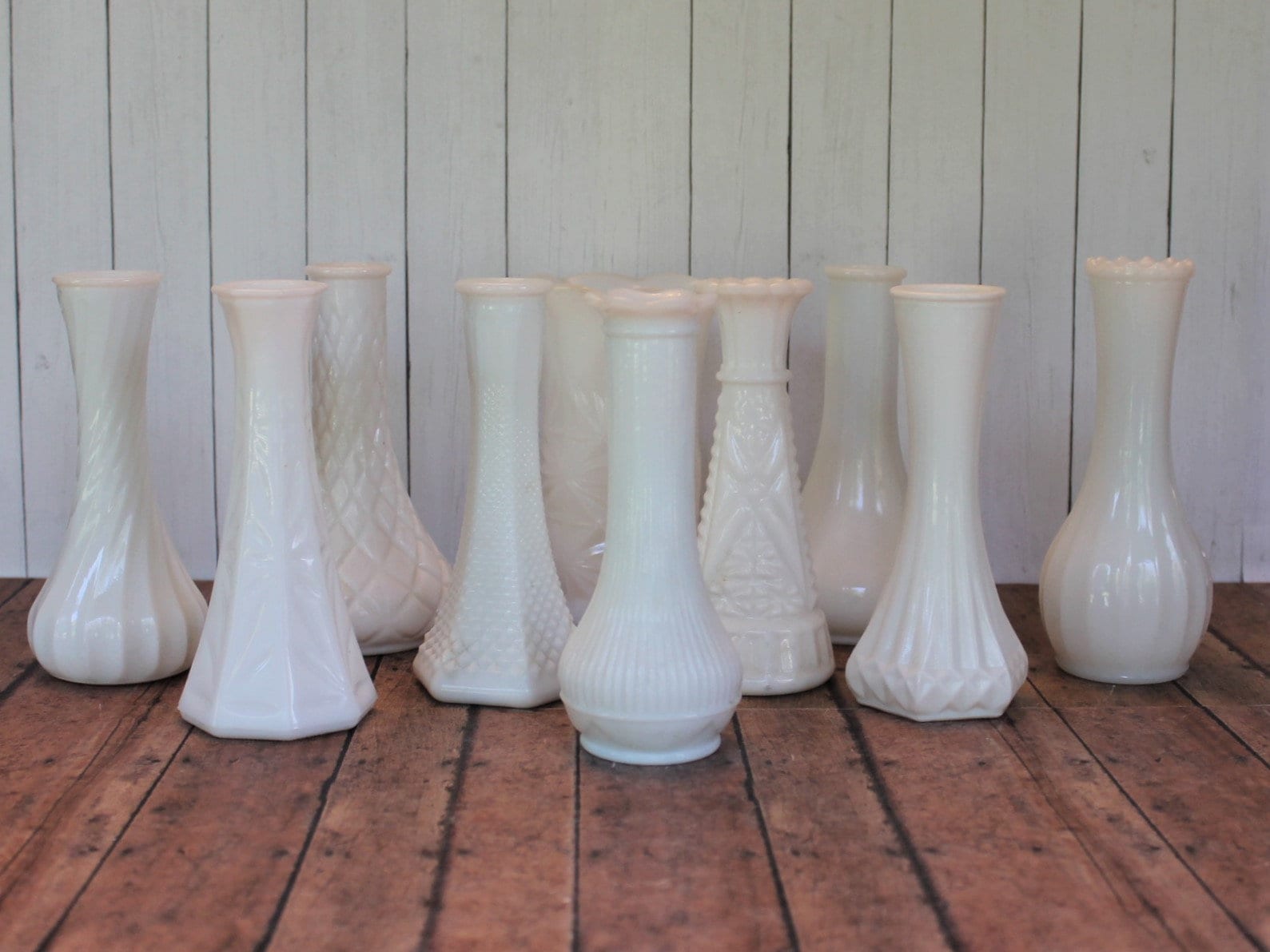 Vintage Set of 10 White Milk Glass Vases Short 6 Vases Different Patterns Centerpiece Wedding