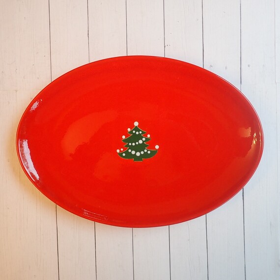 Vintage WAECHERSBACH Christmas Tree Oval Serving Platter Plate Tray Red Green White Holiday Tree Germany