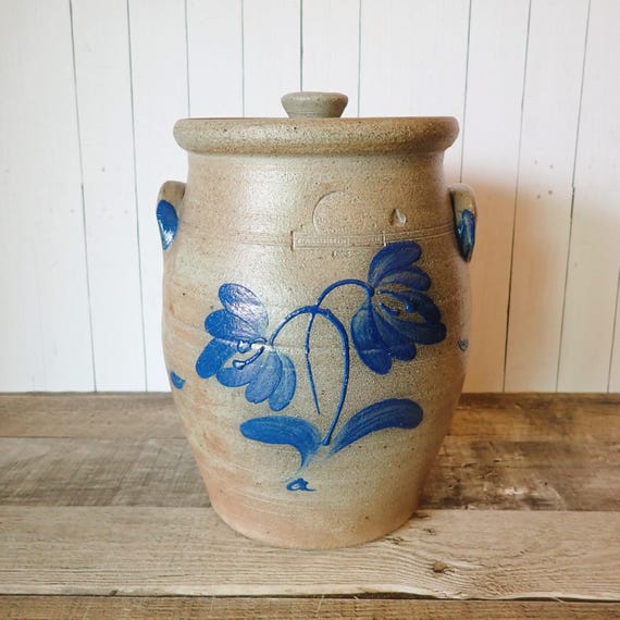 Vintage Rowe Pottery Works 1984 Salt Glazed Stoneware Crock with Flower Design Cambridge WI