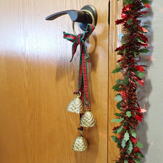 Vintage Brass Pinecone Christmas Bells Set Door Hanger with Red and Green Plaid Ribbon Made in India