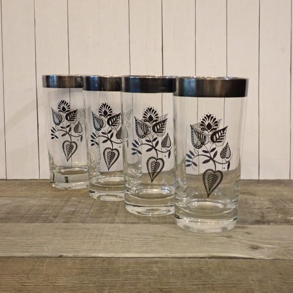 Vintage Georges Briard Silver Damask Leaf Tumbler Glasses Set of 4 Highball Mid Century Barware