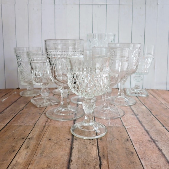 Vintage Mismatched Clear Glass Goblets Wine Glasses Set of 10 Mix and Match Set