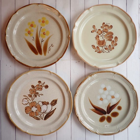 Vintage Mismatched Stoneware Salad Plate Set of 4 Mix and Match Plates Tan with Brown Yellow Flower Designs 1970s