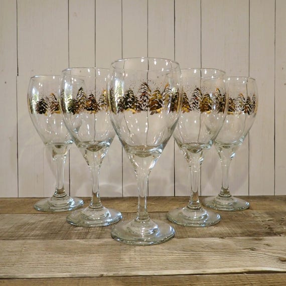 Vintage Dansk Christmas Tree Water Goblet Wine Glass Set of 6 Clear with Gold Pine Tree Design